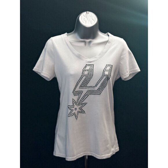 NBA Tops - NBA Womens San Antonio Spurs Rhinestone Bedazzled Bling V-Neck Shirt Grey Team